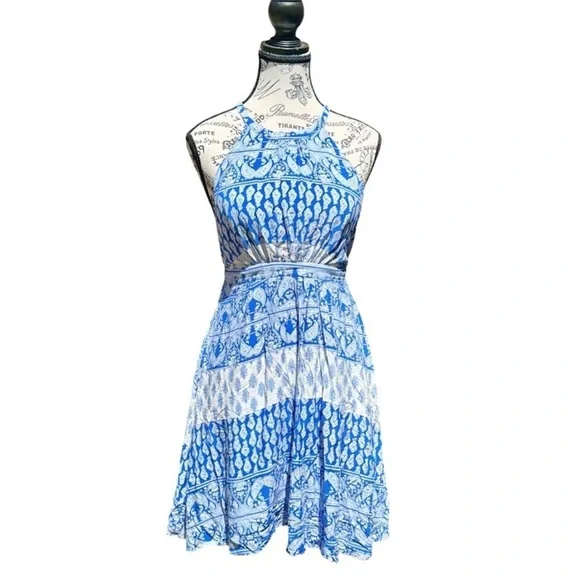 Lulus Blue and White Halter Dress Open Back - Picture 8 of 12